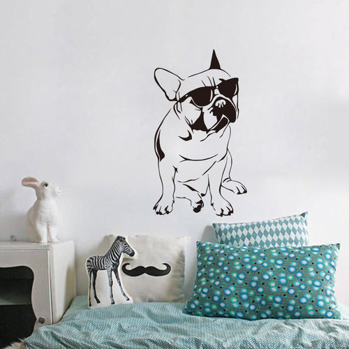 Funny French Buldog Decals Kids Room Vinyl Wall Sticker Dog With Sunglasses Cute Bedroom Wall Paper Home Decor
